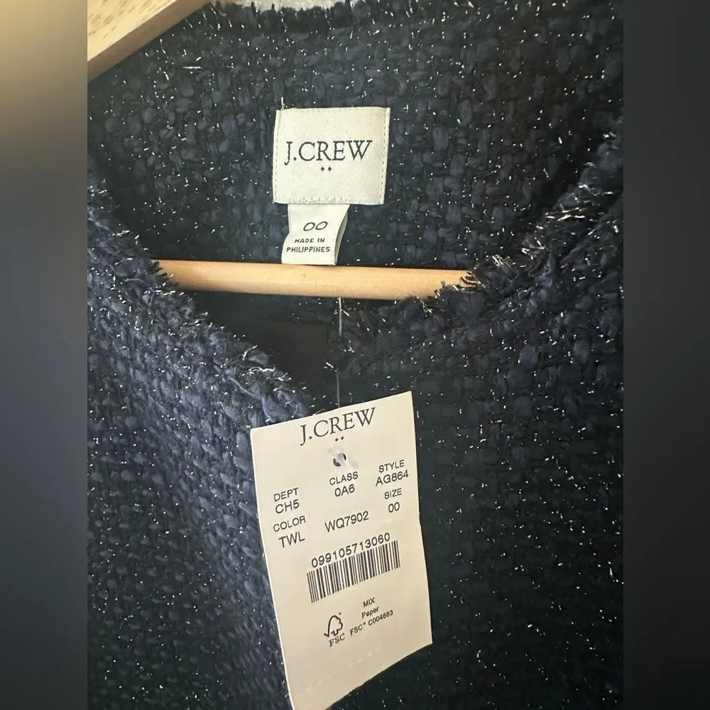 NWT J Crew Lurex Tweed Fringe Jacket Cardigan Sweater Navy Metallic Size 00